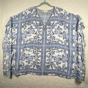 Michael Kors 3-Ring Flutter Top, Blue and White Florals, Size 3X